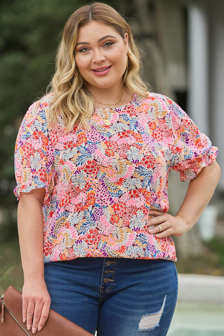 Plus Size Multicolored Round Neck Flounce Sleeve Blouse - Lucianne Boutique