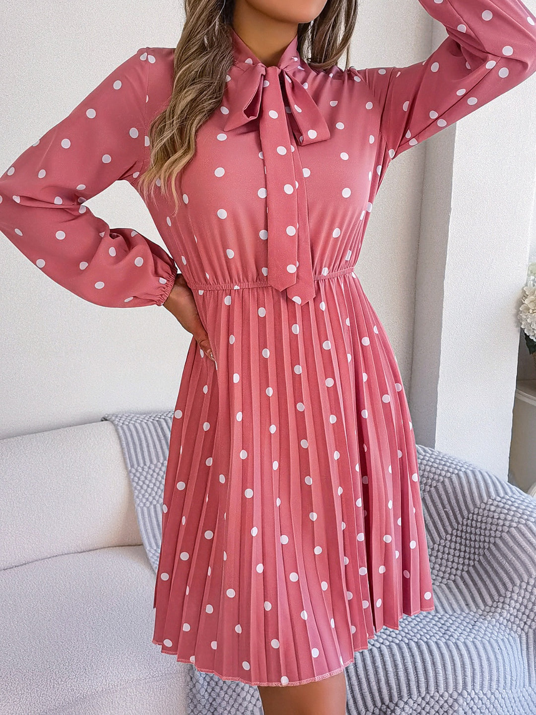 Polka Dot Tie Neck Pleated Dress