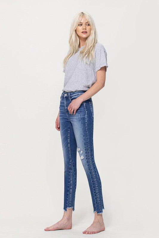 HIGH RISE ANKLE SKINNY W UNEVEN HEM DETAIL - Lucianne Boutique