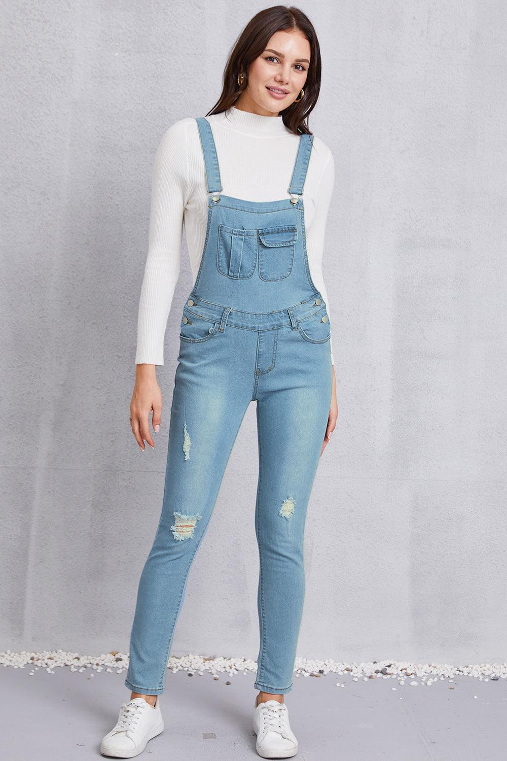 Distressed Washed Denim Overalls with Pockets - Lucianne Boutique