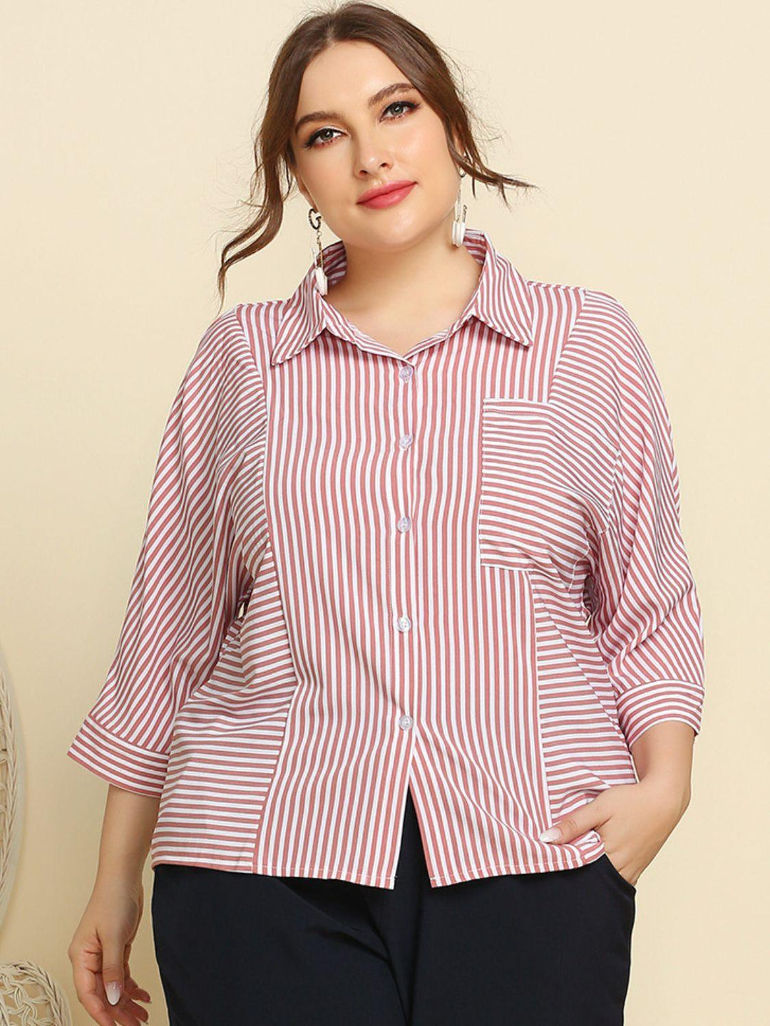 Plus Size Striped Three-Quarter Sleeve Shirt - Lucianne Boutique