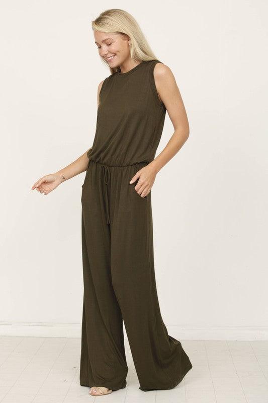 plus solid draw string pocket jumpsuit - Lucianne Boutique