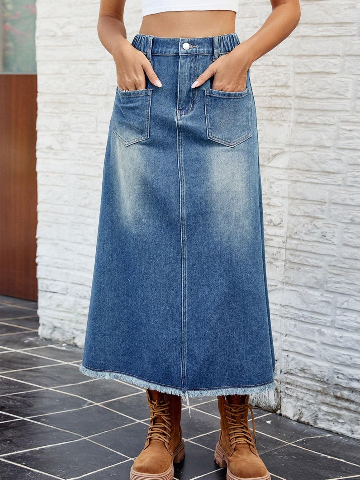 Raw Hem Buttoned Denim Skirt with Pockets - Lucianne Boutique