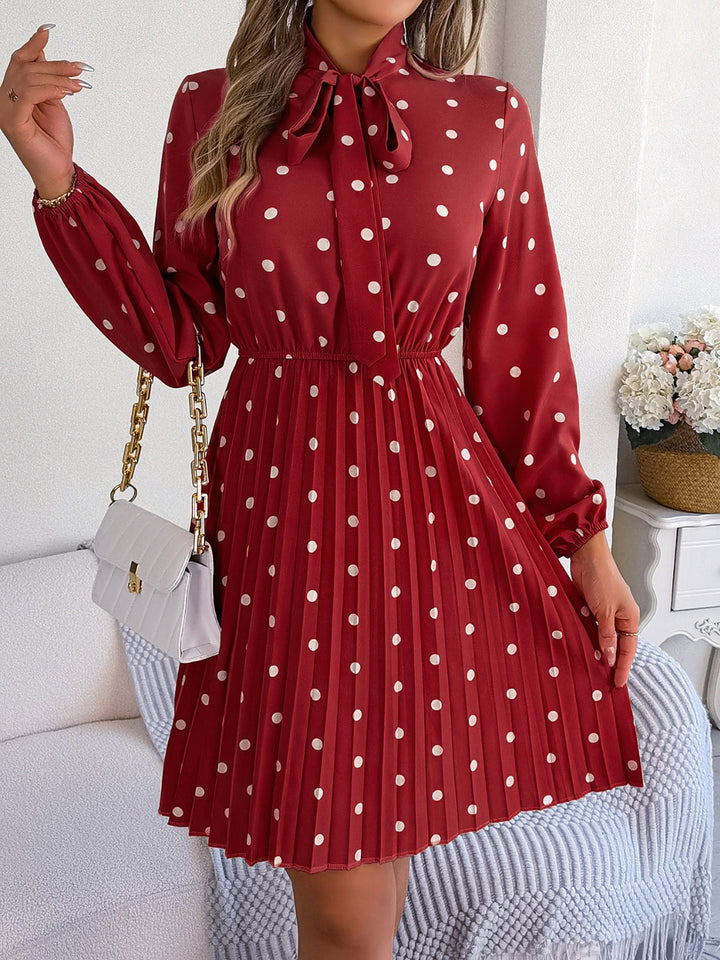 Polka Dot Tie Neck Pleated Dress