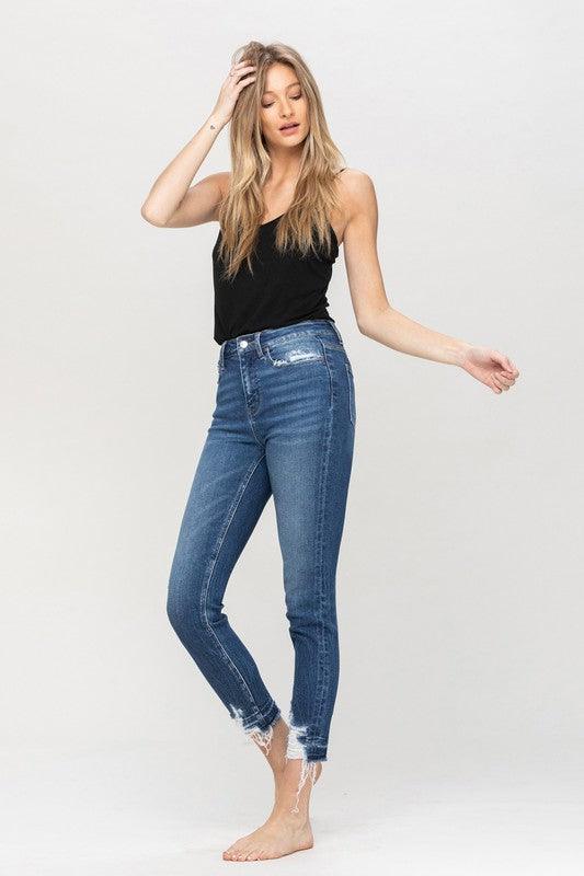 HIGH RISE RELEASED DISTRESSED HEM CROP SKINNY - Lucianne Boutique