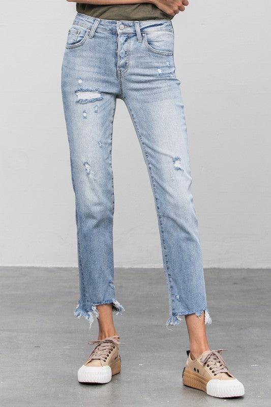 Mid Rise Raw Hem Straight Jeans - Lucianne Boutique
