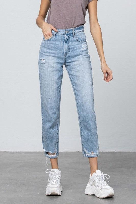 High Waist Ripped Hem Tapered Jeans - Lucianne Boutique