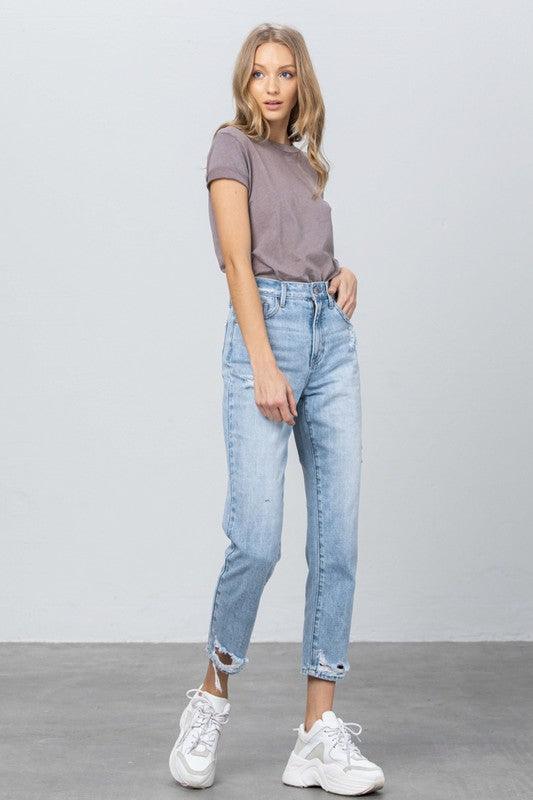 High Waist Ripped Hem Tapered Jeans - Lucianne Boutique