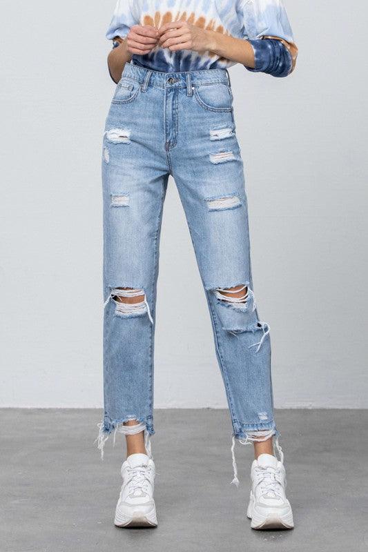 High Waist Ripped Fray Girlfriend Jeans - Lucianne Boutique
