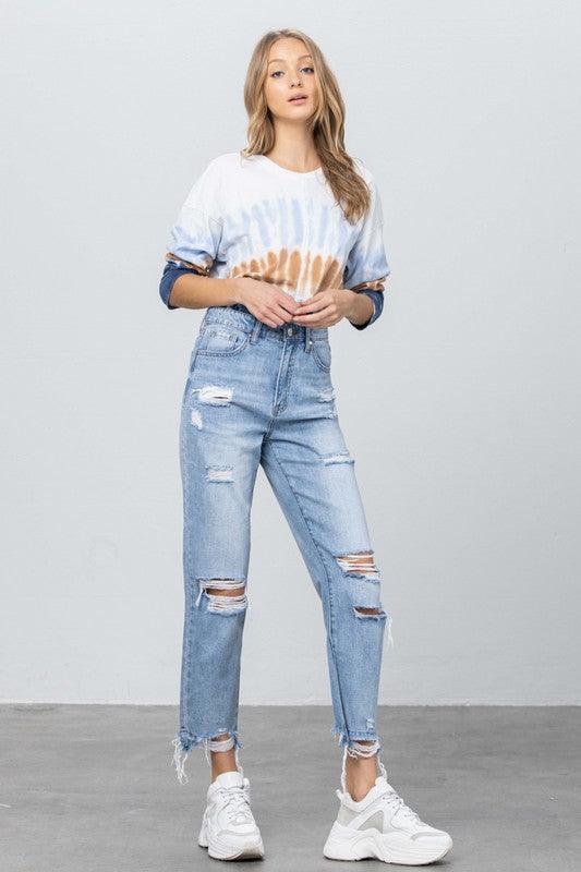 High Waist Ripped Fray Girlfriend Jeans - Lucianne Boutique
