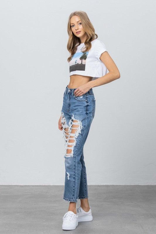 High Rise Heavy Destroyed Mom Jeans - Lucianne Boutique
