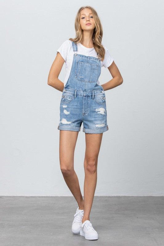 High Rise Roll Up Denim Overall Romper - Lucianne Boutique