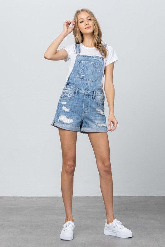 High Rise Roll Up Denim Overall Romper - Lucianne Boutique