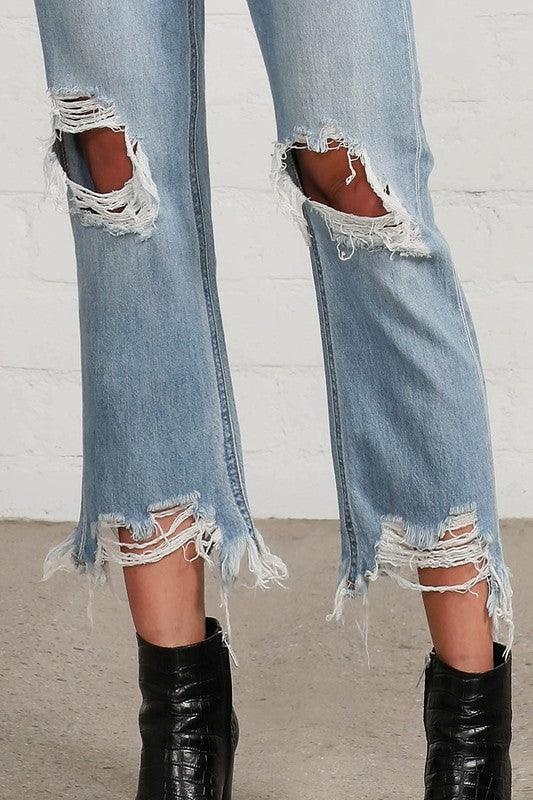 High Waist Ripped Frayed Hem Straight Jeans - Lucianne Boutique