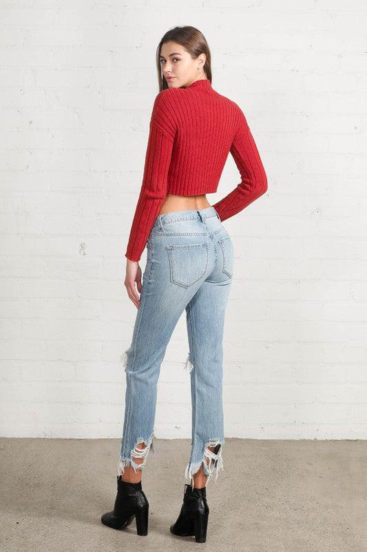 High Waist Ripped Frayed Hem Straight Jeans - Lucianne Boutique