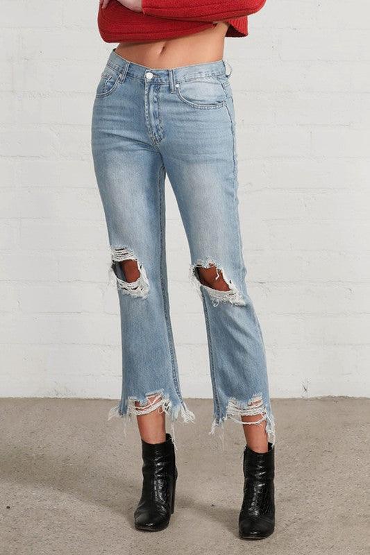 High Waist Ripped Frayed Hem Straight Jeans - Lucianne Boutique