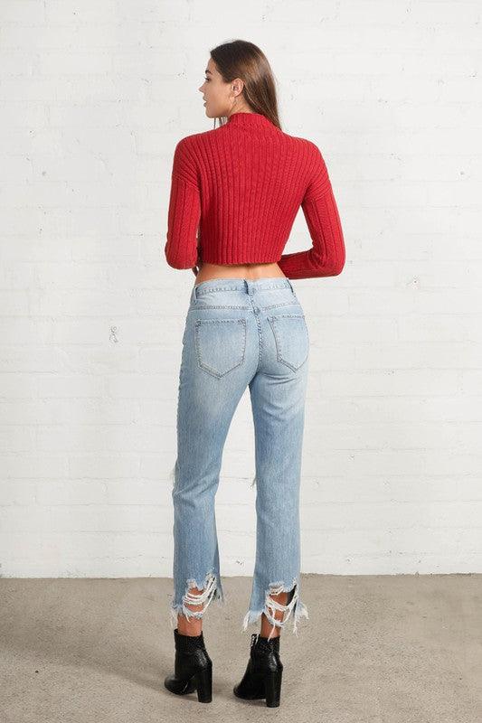 High Waist Ripped Frayed Hem Straight Jeans - Lucianne Boutique