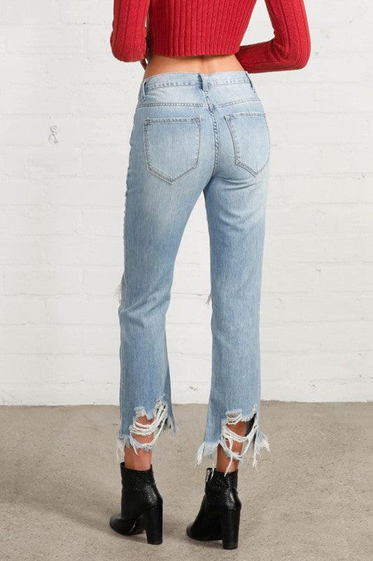 High Waist Ripped Frayed Hem Straight Jeans - Lucianne Boutique