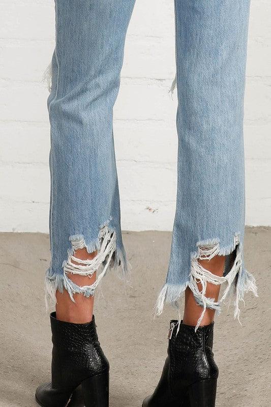 High Waist Ripped Frayed Hem Straight Jeans - Lucianne Boutique