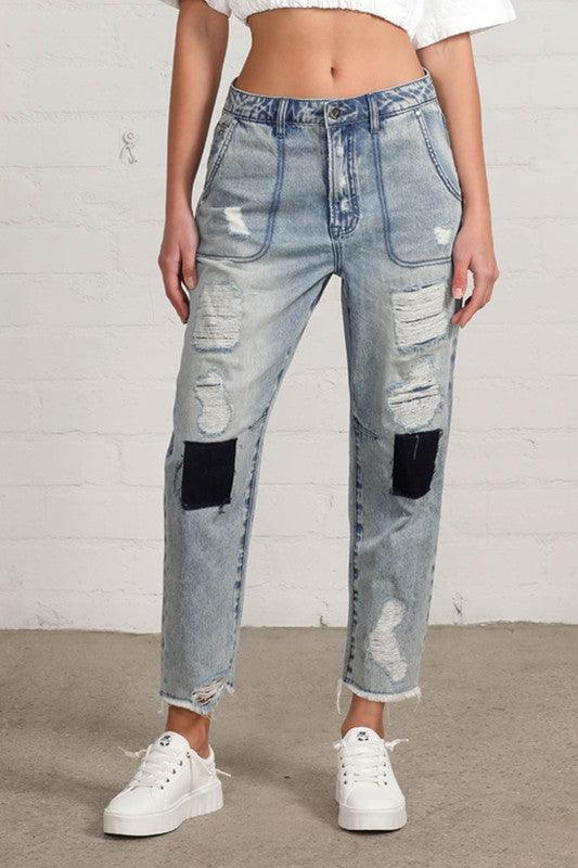 Patched Ripped Frayed Crop Jeans - Lucianne Boutique