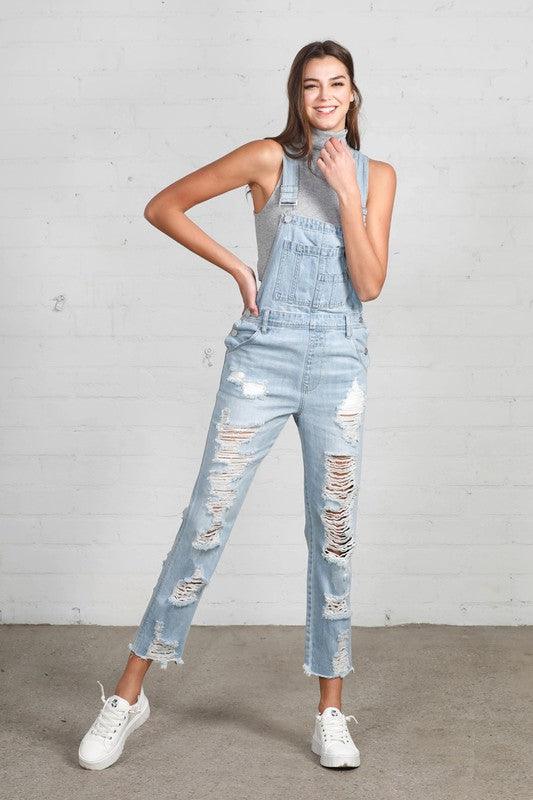 High Waist Heavy Distressed Straight Overalls - Lucianne Boutique