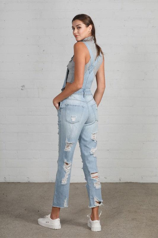 High Waist Heavy Distressed Straight Overalls - Lucianne Boutique