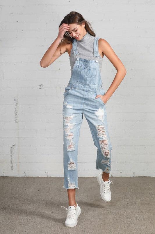 High Waist Heavy Distressed Straight Overalls - Lucianne Boutique