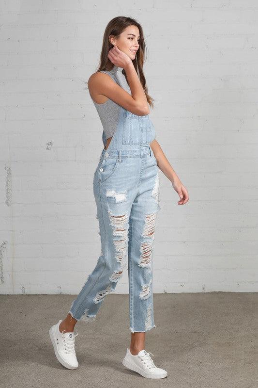 High Waist Heavy Distressed Straight Overalls - Lucianne Boutique