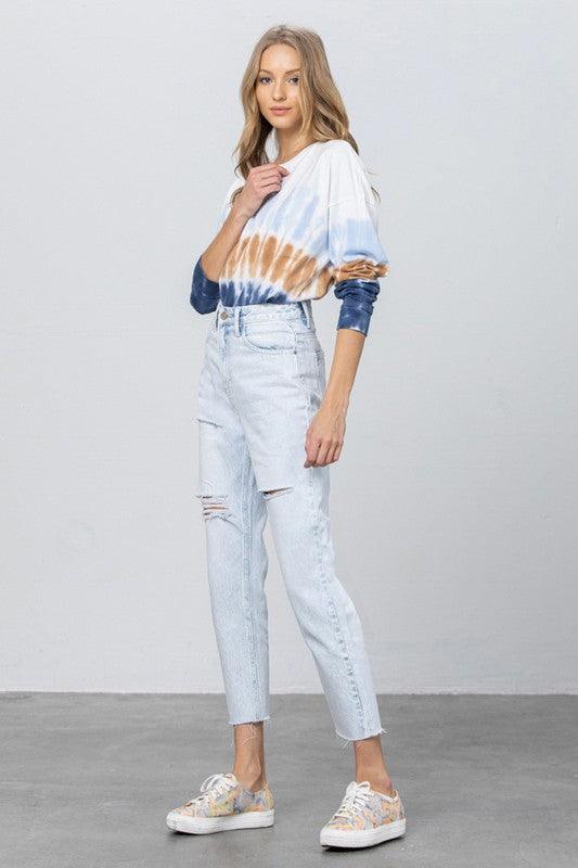 High Waist Ripped Raw Hem Crop Straight Jeans - Lucianne Boutique