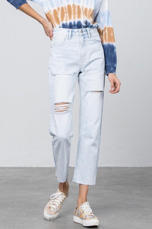 High Waist Ripped Raw Hem Crop Straight Jeans - Lucianne Boutique