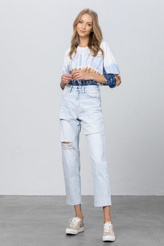 High Waist Ripped Raw Hem Crop Straight Jeans - Lucianne Boutique