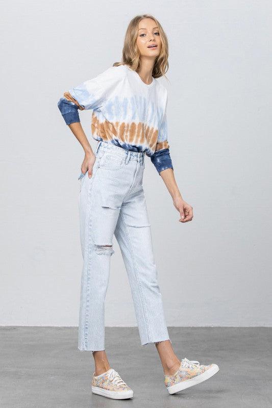 High Waist Ripped Raw Hem Crop Straight Jeans - Lucianne Boutique