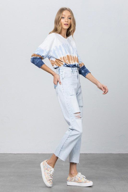 High Waist Ripped Raw Hem Crop Straight Jeans - Lucianne Boutique