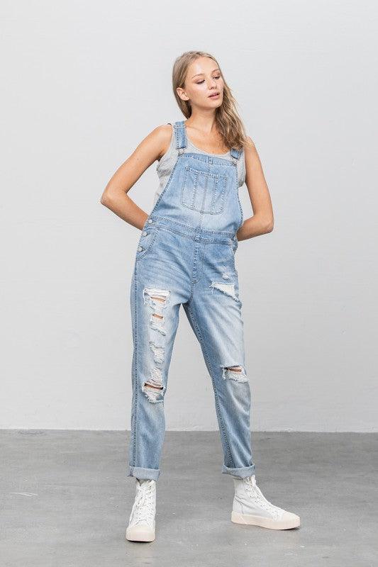 Patch Pocket Ripped Denim Overalls - Lucianne Boutique