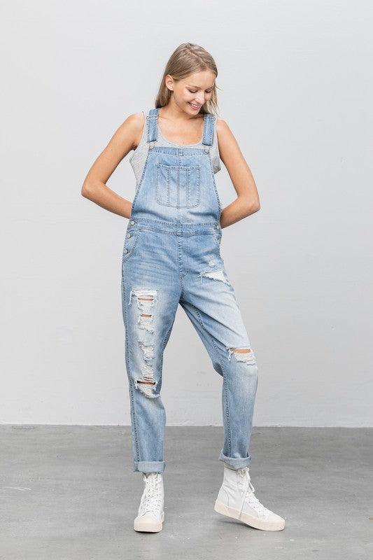 Patch Pocket Ripped Denim Overalls - Lucianne Boutique