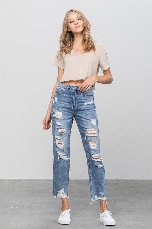 High Waist Ripped Raw Hem Girlfriend Jeans - Lucianne Boutique