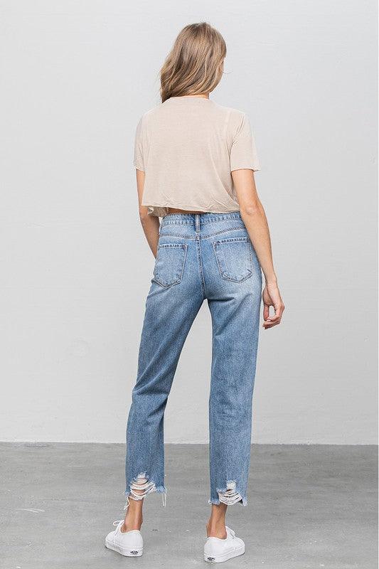 High Waist Ripped Raw Hem Girlfriend Jeans - Lucianne Boutique