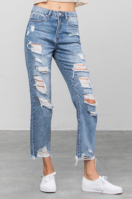 High Waist Ripped Raw Hem Girlfriend Jeans - Lucianne Boutique