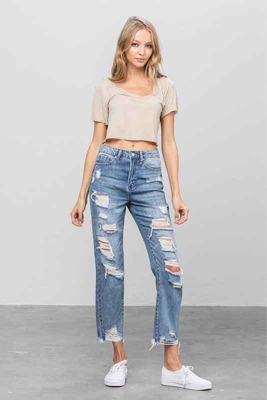 High Waist Ripped Raw Hem Girlfriend Jeans - Lucianne Boutique