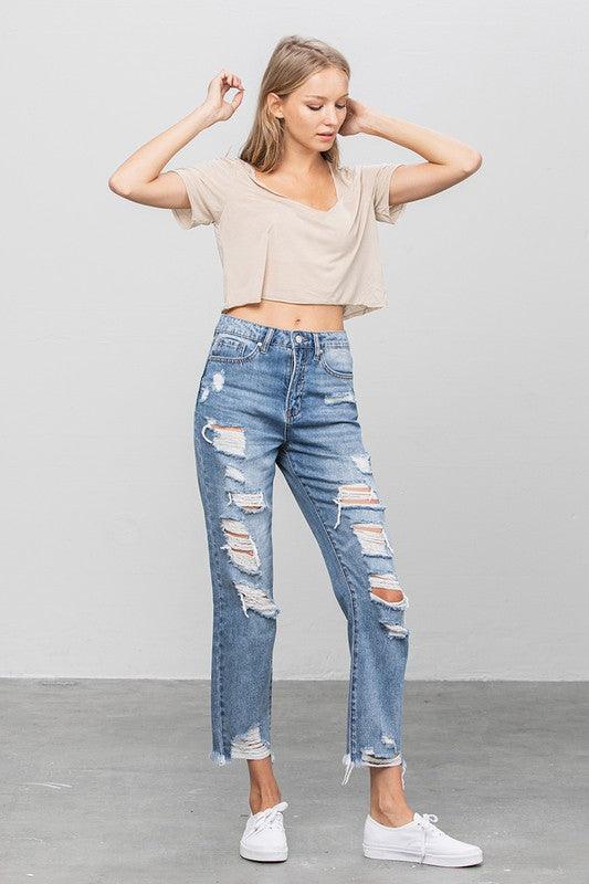 High Waist Ripped Raw Hem Girlfriend Jeans - Lucianne Boutique