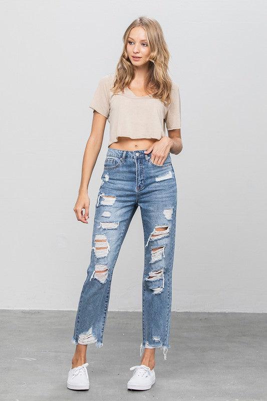 High Waist Ripped Raw Hem Girlfriend Jeans - Lucianne Boutique