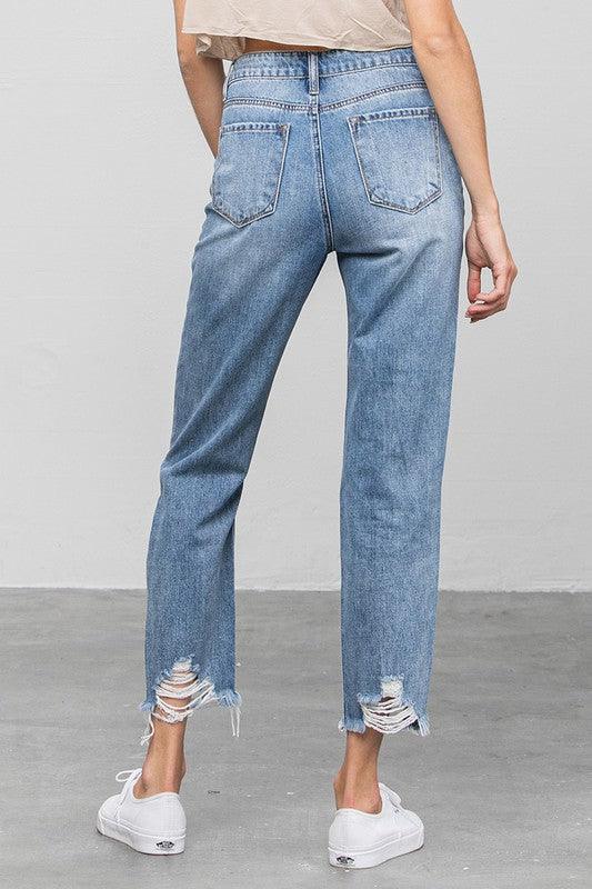 High Waist Ripped Raw Hem Girlfriend Jeans - Lucianne Boutique