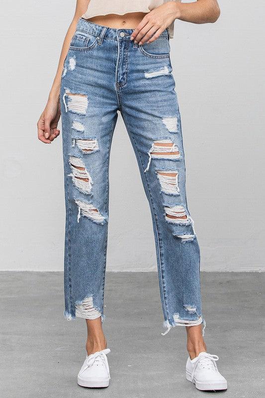 High Waist Ripped Raw Hem Girlfriend Jeans - Lucianne Boutique