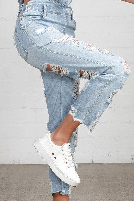 High Waist Heavy Distressed Straight Overalls - Lucianne Boutique
