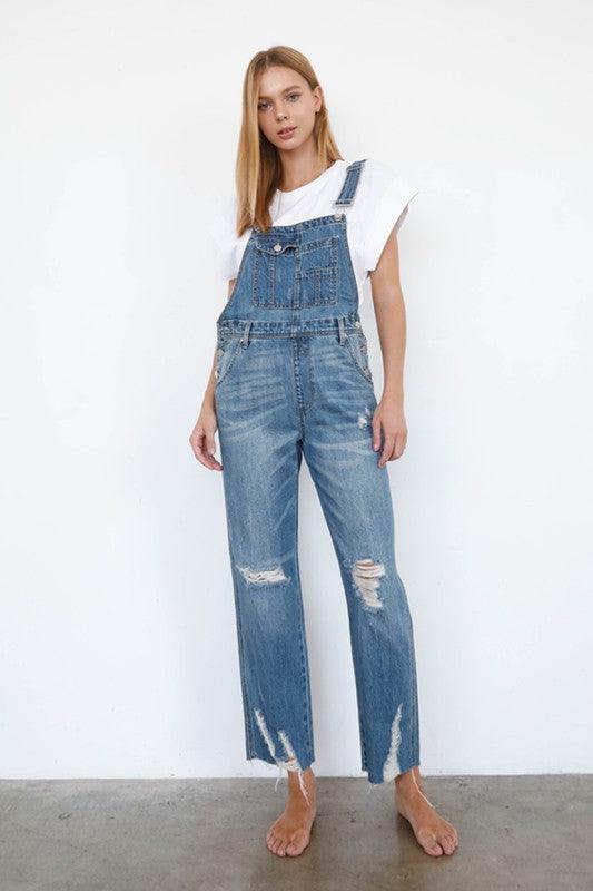 High Waist Ripped Straight Denim Overall Jumpsuit - Lucianne Boutique