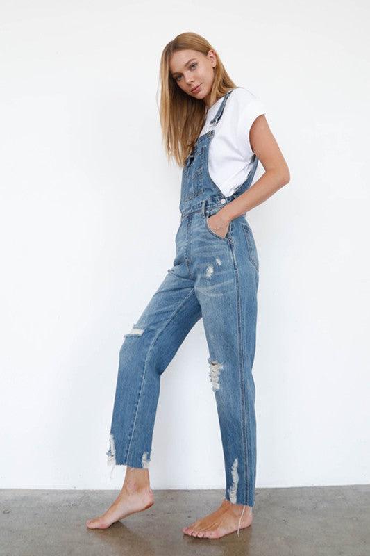 High Waist Ripped Straight Denim Overall Jumpsuit - Lucianne Boutique