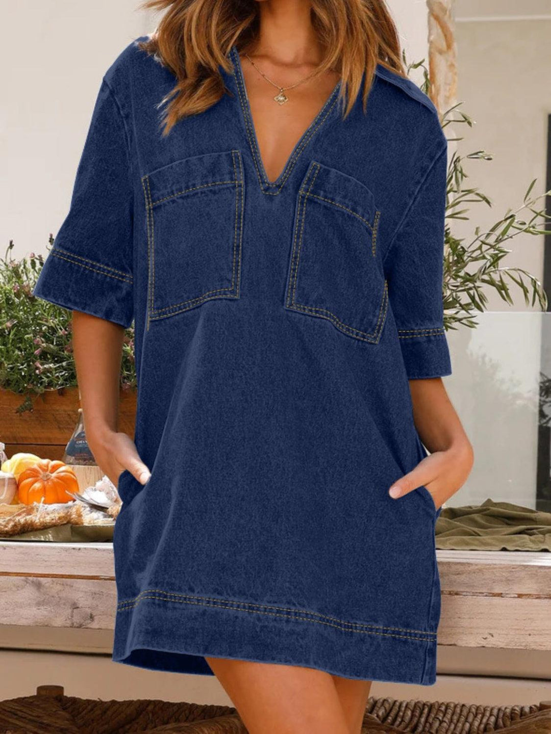 Johnny Collar Half Sleeve Denim Dress - Lucianne Boutique