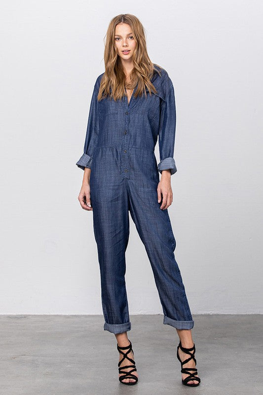 Collared Button Front Tencel Jumpsuit
