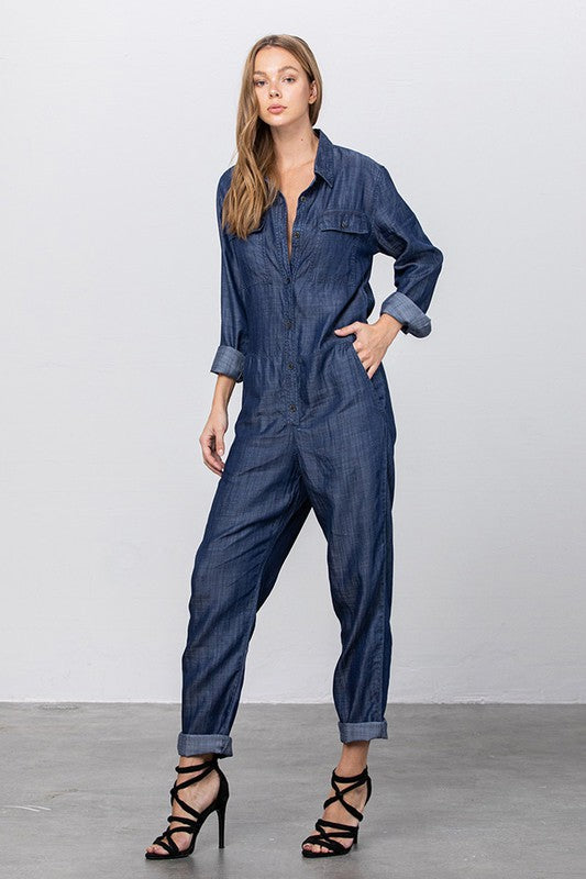 Collared Button Front Tencel Jumpsuit