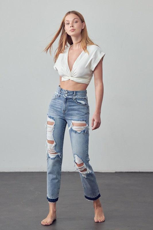 High Rise Double Waistband Released Hem Jeans - Lucianne Boutique